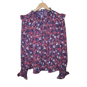 Women’s XL Floral Long Sleeve Blouse Keyhole Ruffle Collar Smocked Cuffs Red